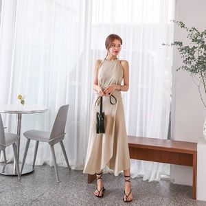 Tan Linen Two Piece Wrap Skirt Tank Set
